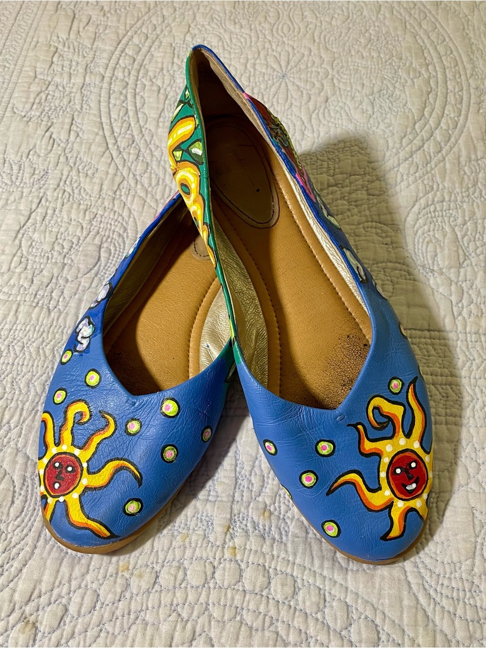 Women’s Blue Hand-Painted Sun Ballet Flats Leather Latigo